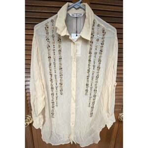 Zara Beaded Sheer Button Up Blouse Cream Embellished Glam Boho NWT Medium